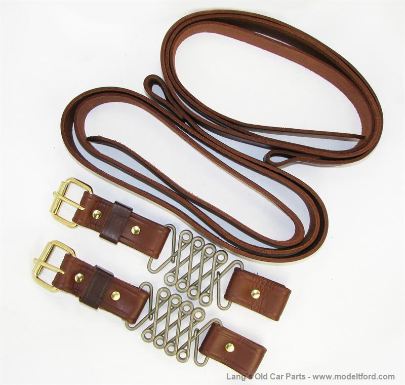 Model T Hood straps, natural color leather straps with brass hardware,  4052STRN